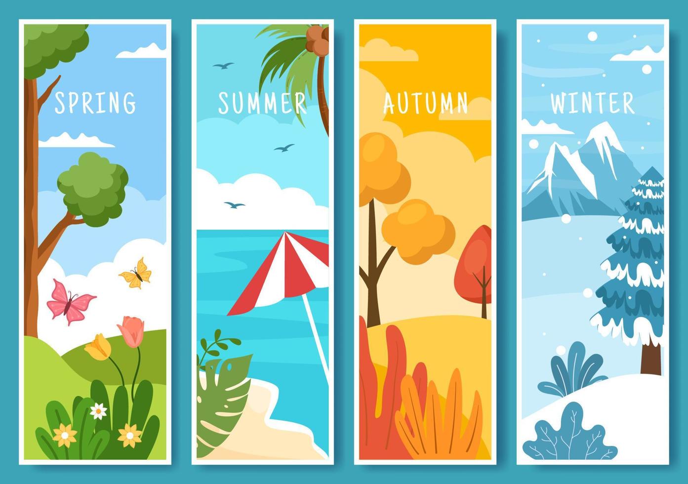 Scenery of the Four Seasons of Nature with Landscape Spring, Summer, Autumn and Winter in Template Hand Drawn Cartoon Flat Style Illustration vector