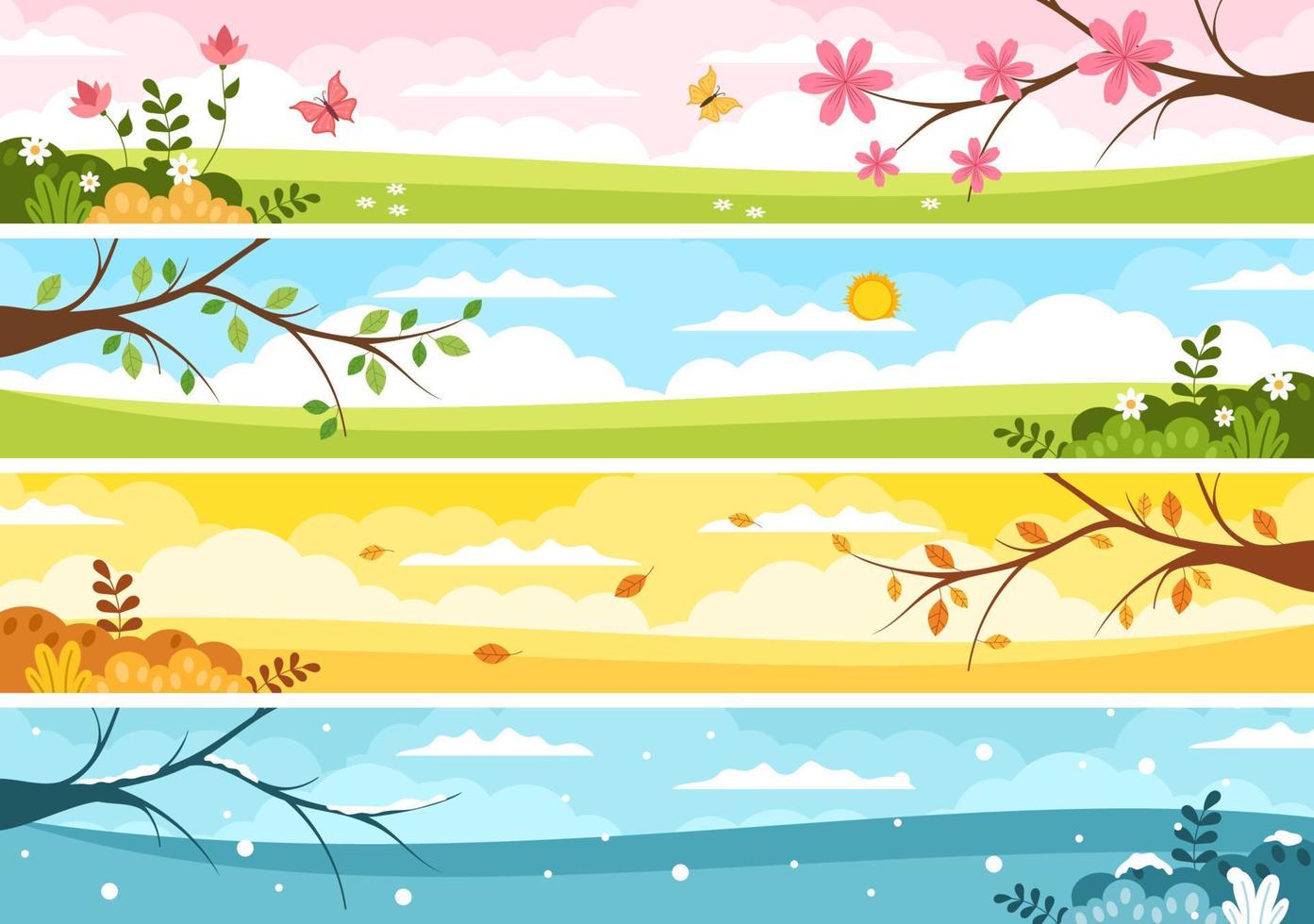 Scenery of the Four Seasons of Nature with Landscape Spring, Summer, Autumn and Winter in Template Hand Drawn Cartoon Flat Style Illustration vector