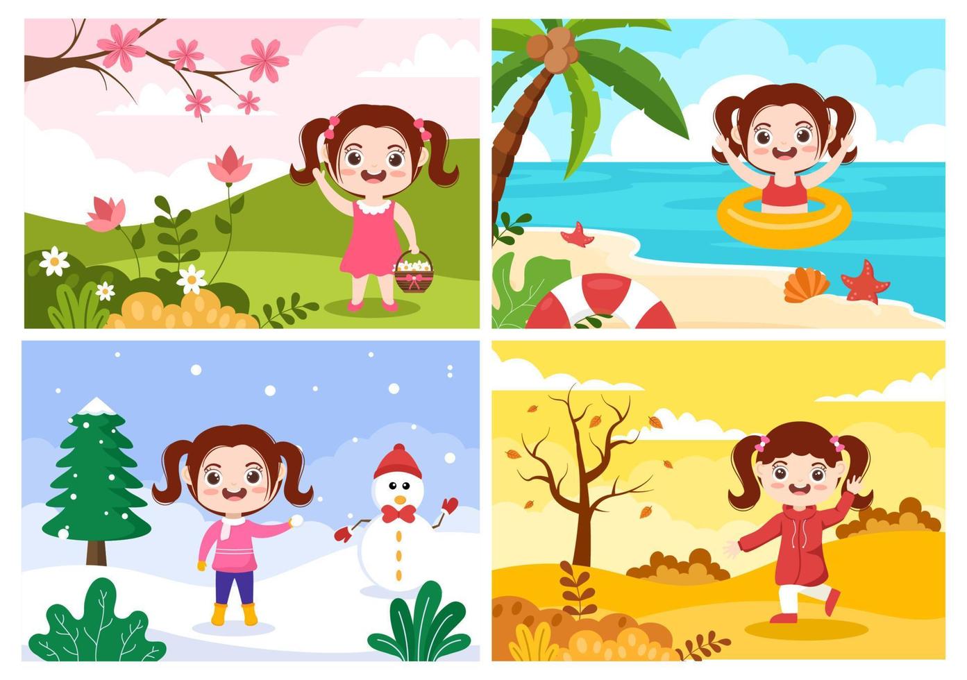 Scenery of the Four Seasons of Nature with Landscape Spring, Summer, Autumn and Winter in Template Hand Drawn Cartoon Flat Style Illustration vector