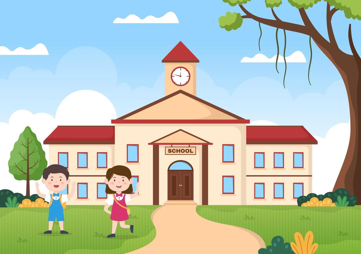 Students Leave School Building After Class or Program and Back to Home in Template Hand Drawn Cartoon Flat Style Illustration vector