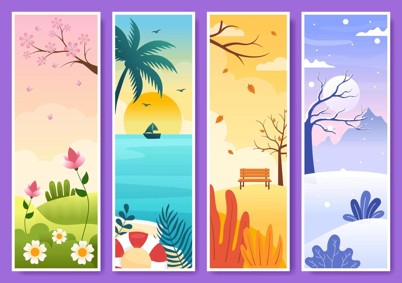 paisaje de las cuatro estaciones de la naturaleza con paisaje primavera, verano, otoño e invierno en plantilla ilustración de estilo plano de dibujos animados dibujados a mano vector