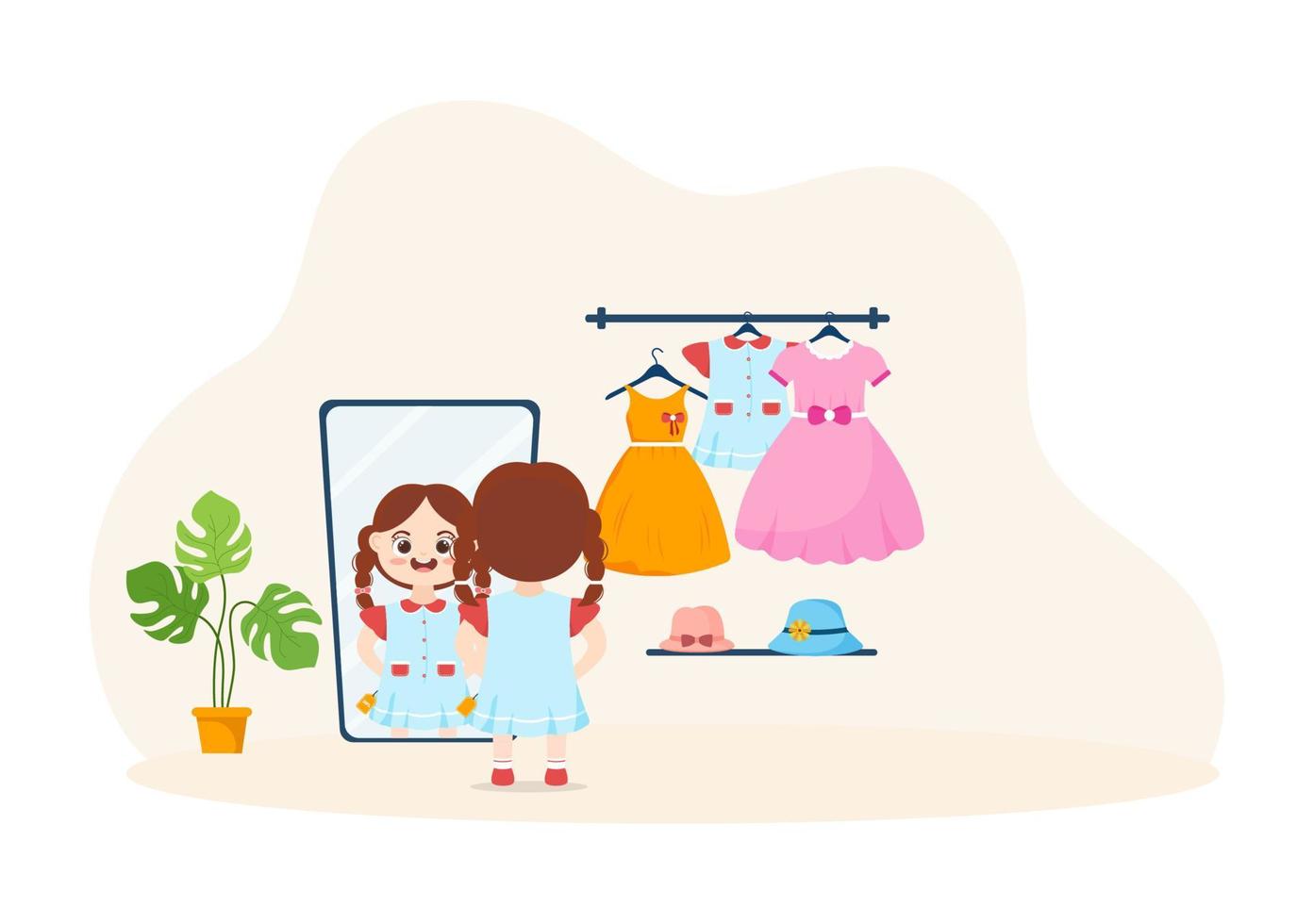 plantilla de construcción de tiendas para niños ilustración de estilo plano de dibujos animados dibujados a mano con equipos para niños como ropa o juguetes para el concepto de compras vector