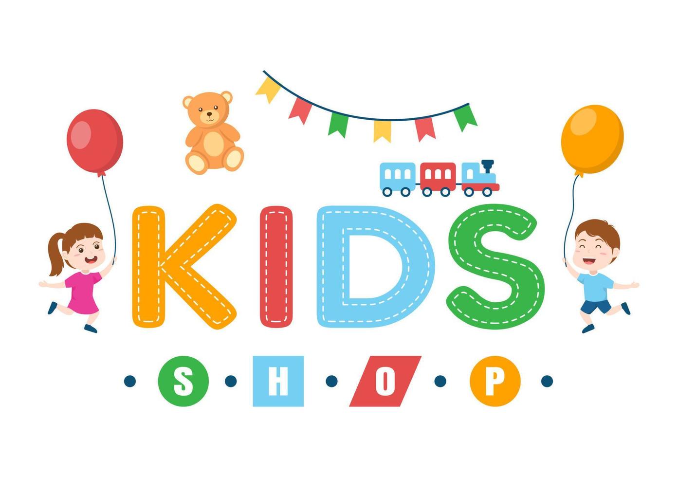 Kids Shop Building Template Hand Drawn Cartoon Flat Style Illustration with Children Equipment such as Clothes or Toys for Shopping Concept vector