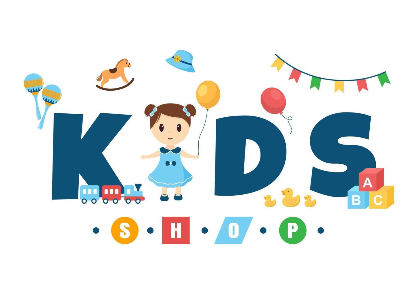 Kids Shop Building Template Hand Drawn Cartoon Flat Style Illustration with Children Equipment such as Clothes or Toys for Shopping Concept vector
