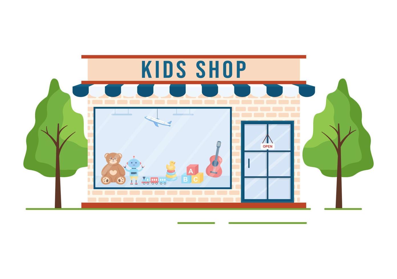 plantilla de construcción de tiendas para niños ilustración de estilo plano de dibujos animados dibujados a mano con equipos para niños como ropa o juguetes para el concepto de compras vector