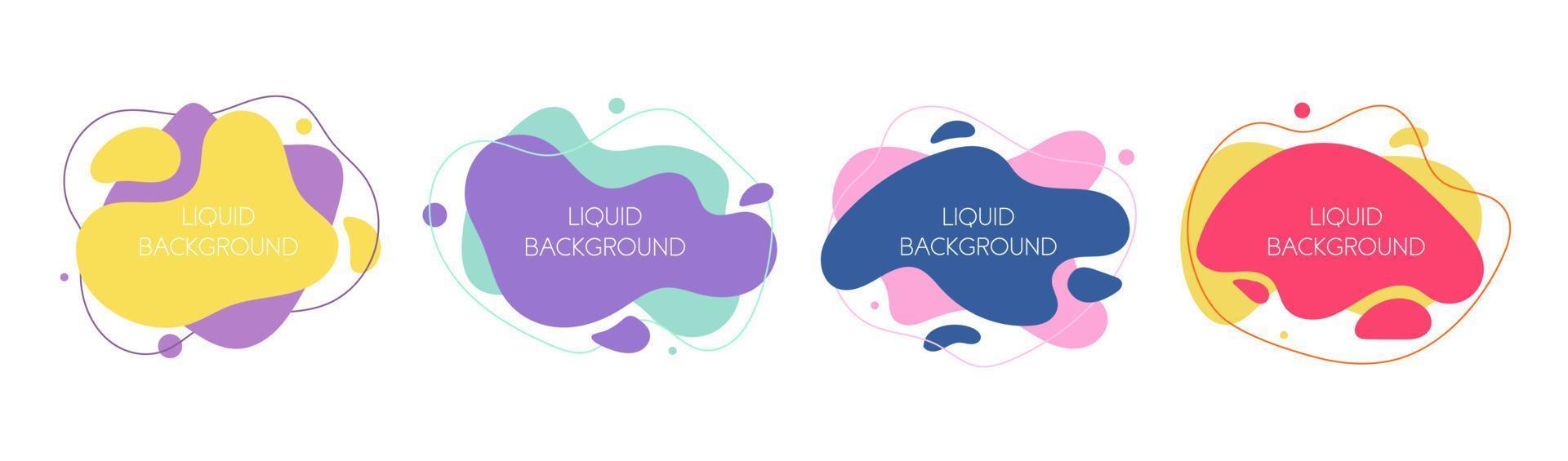 Set of 4 abstract graphic liquid elements in memphis style. Dynamical waves colored fluid shapes. Isolated banners with flowing liquids. Template for the design of a logo, flyer or presentation. vector