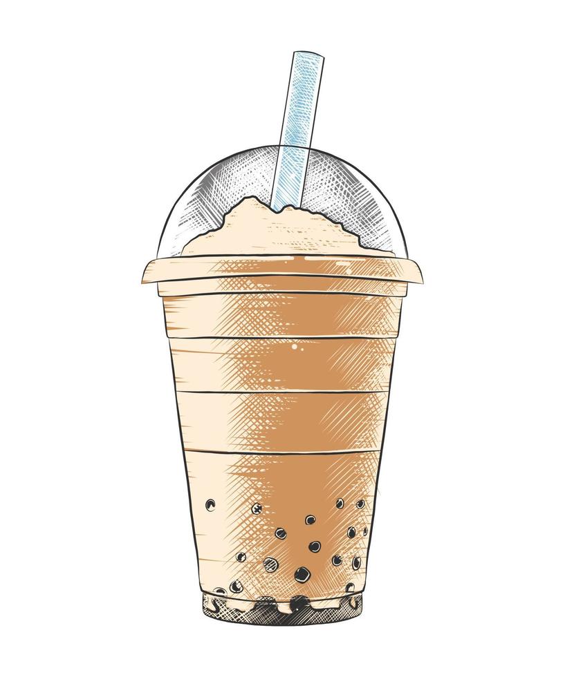 Vector engraved style Traditional Bubble Milk Tea drink in plastic glass for posters, decoration, logo, menu, sign. Hand drawn sketch of Asian Thai sweet cold beverage. Detailed colorful drawing.