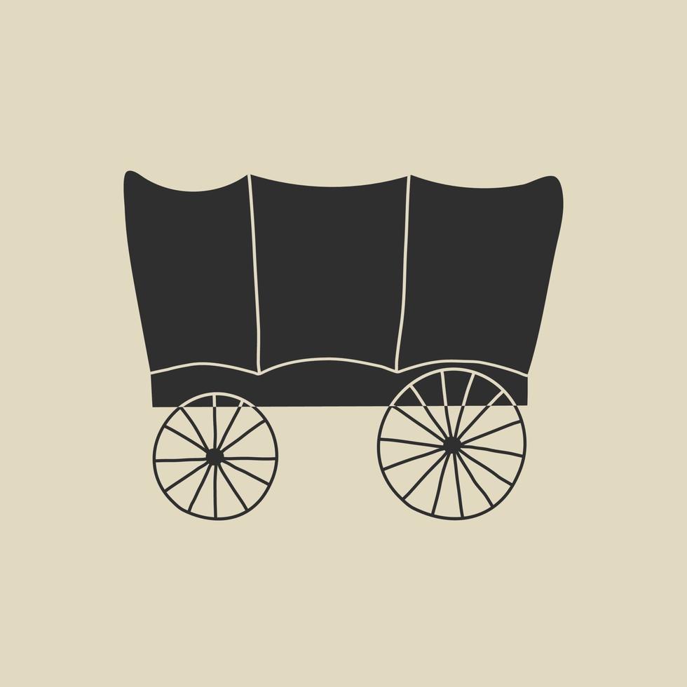 Wild west element in flat, line style. Hand drawn vector illustration of old western wagon, retro carriage cartoon design. Cowboy transport vintage patch, badge, emblem, logo.