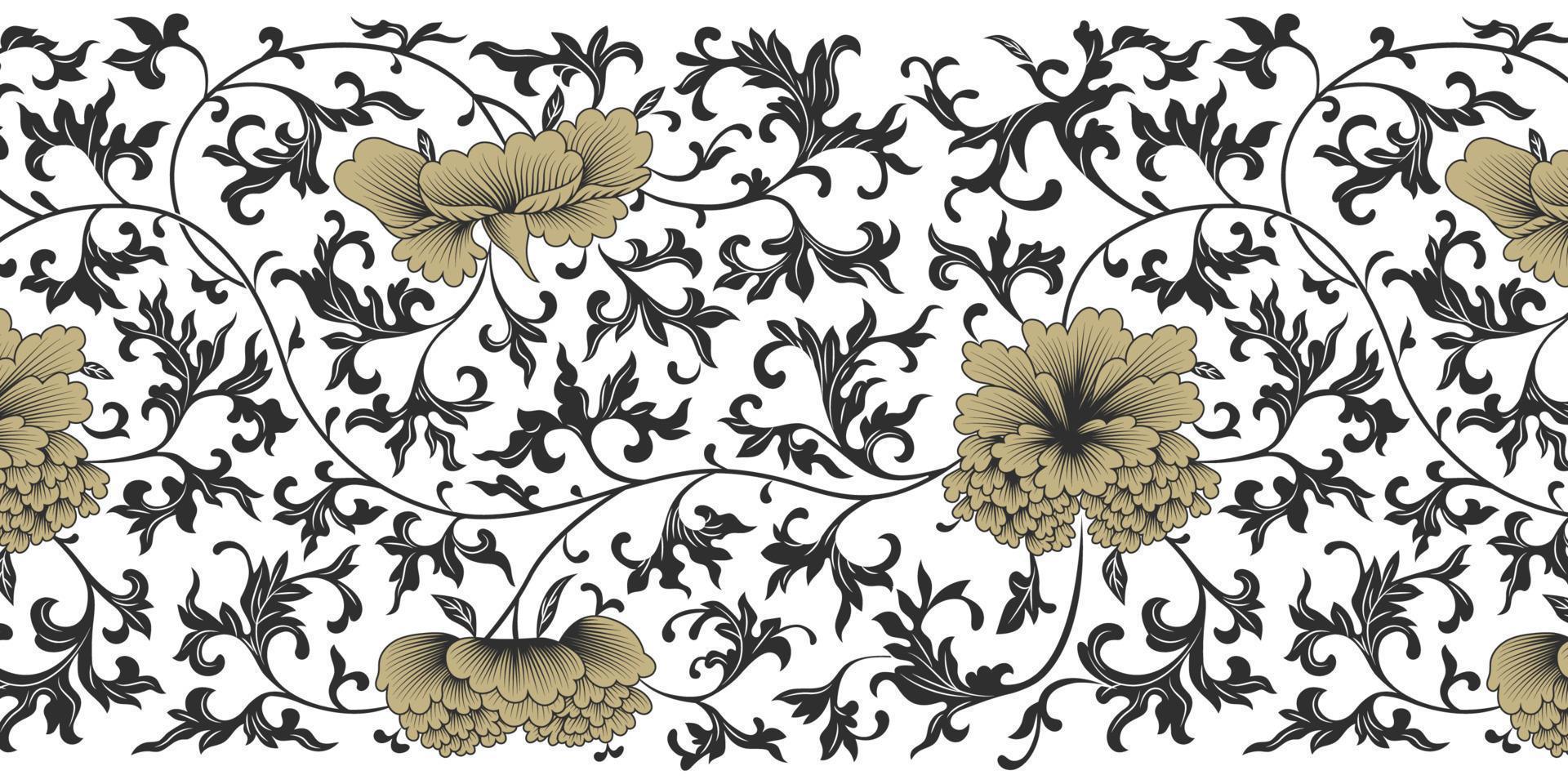 Japanese black, gold and white vector background. Peony flower oriental pattern. Asian antique floral border for printing on packaging, textiles, paper, covers, manufacturing, wallpapers.