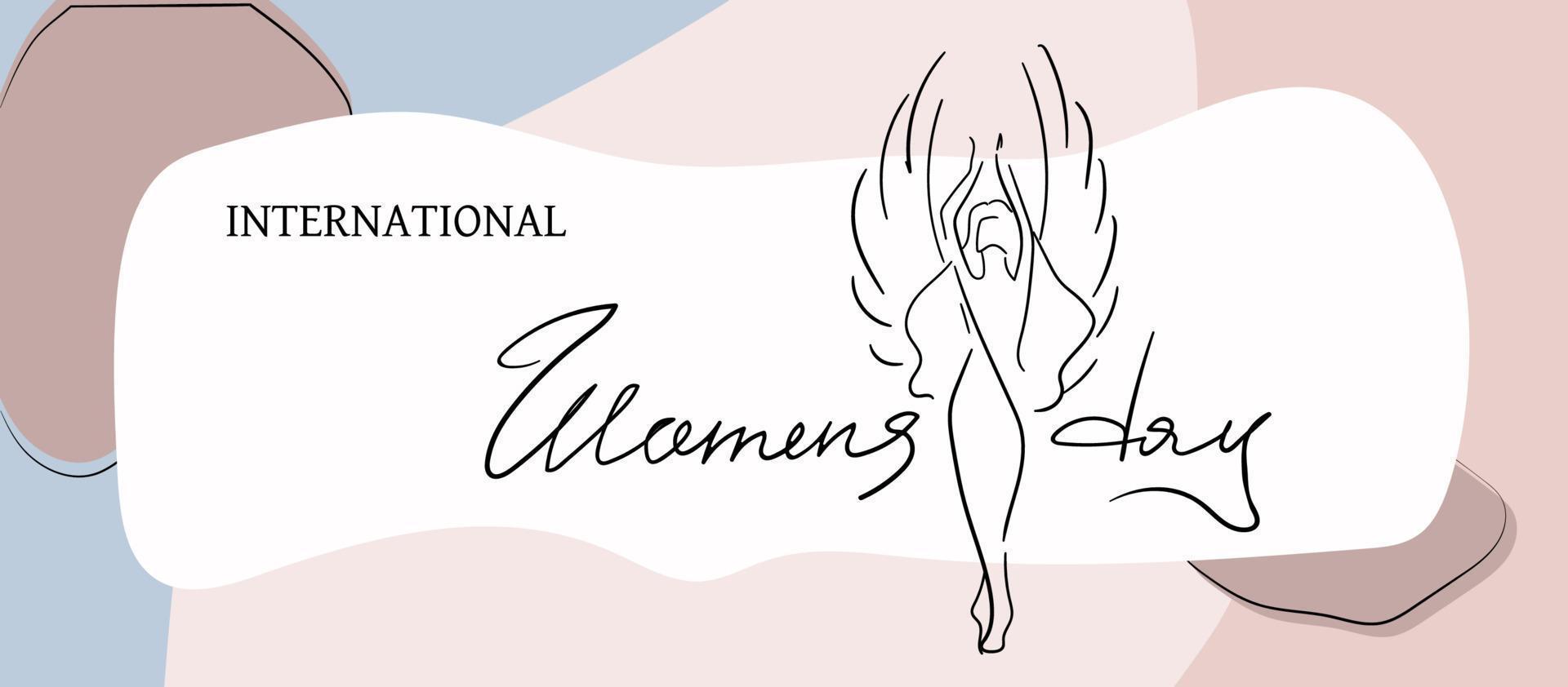 International Women's Day greeting banner. Womens history month. Womens freedom. Silhouette of a woman with wings. vector