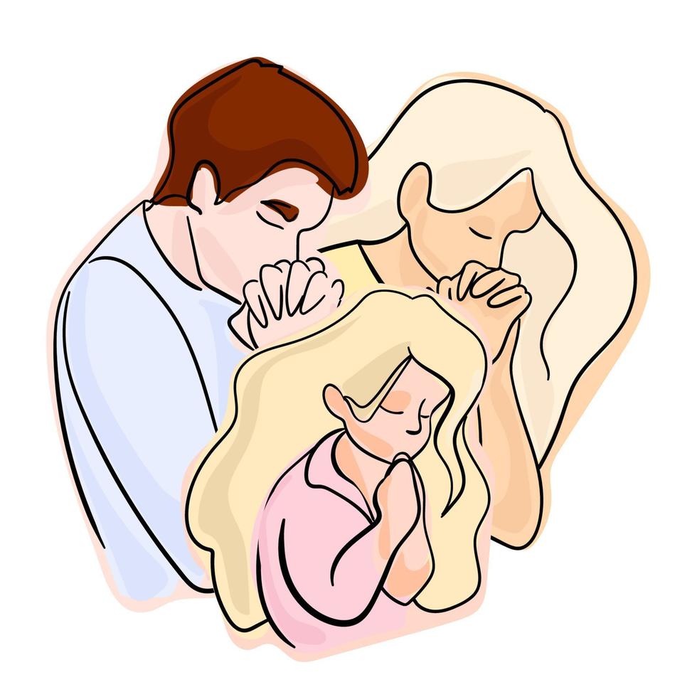 People pray to god. Faith in God. Man, woman and child praying. vector