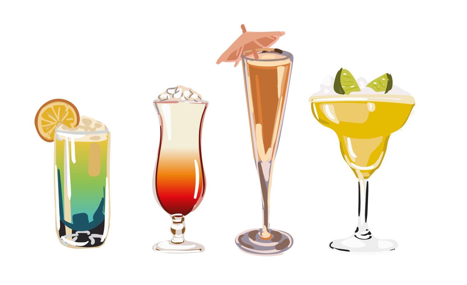 Cocktails Set isolated. Summer classic drinks in glasses. vector