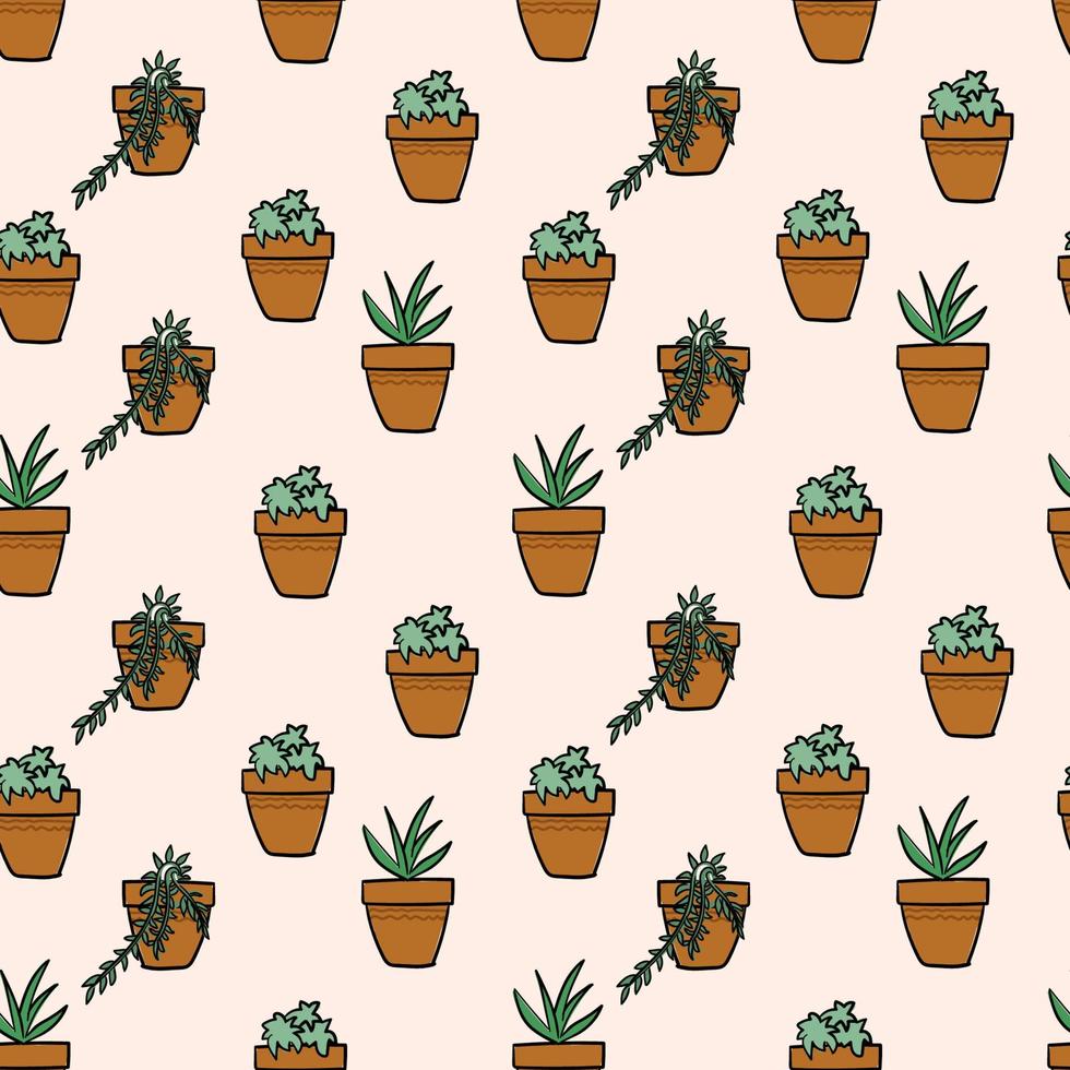 Potted plants seamless pattern. Modern style is perfect for decor. Boho vector home plants.