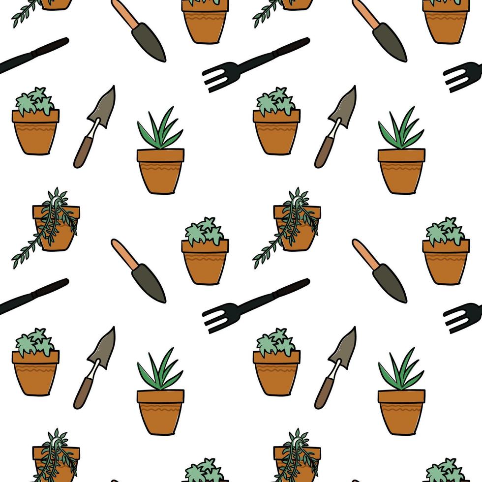 Potted plants. Cut hand drawing garden pattern. Seamless pattern for fabric, paper and other printing and web projects. vector