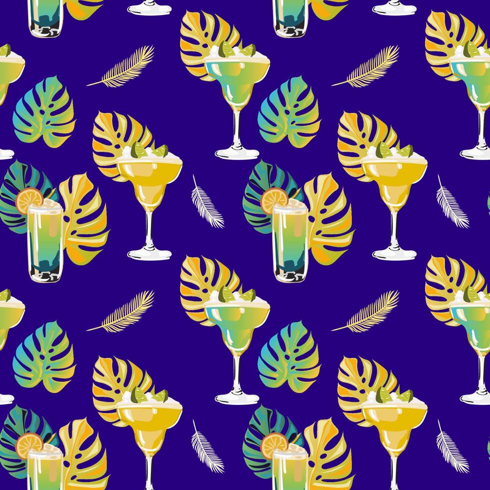 Seamless vector pattern with cocktails, mojito, margarita, martini and cosmopolitan on orange background. Wallpaper, fabric and textile design. Good for printing. Cute wrapping paper pattern.