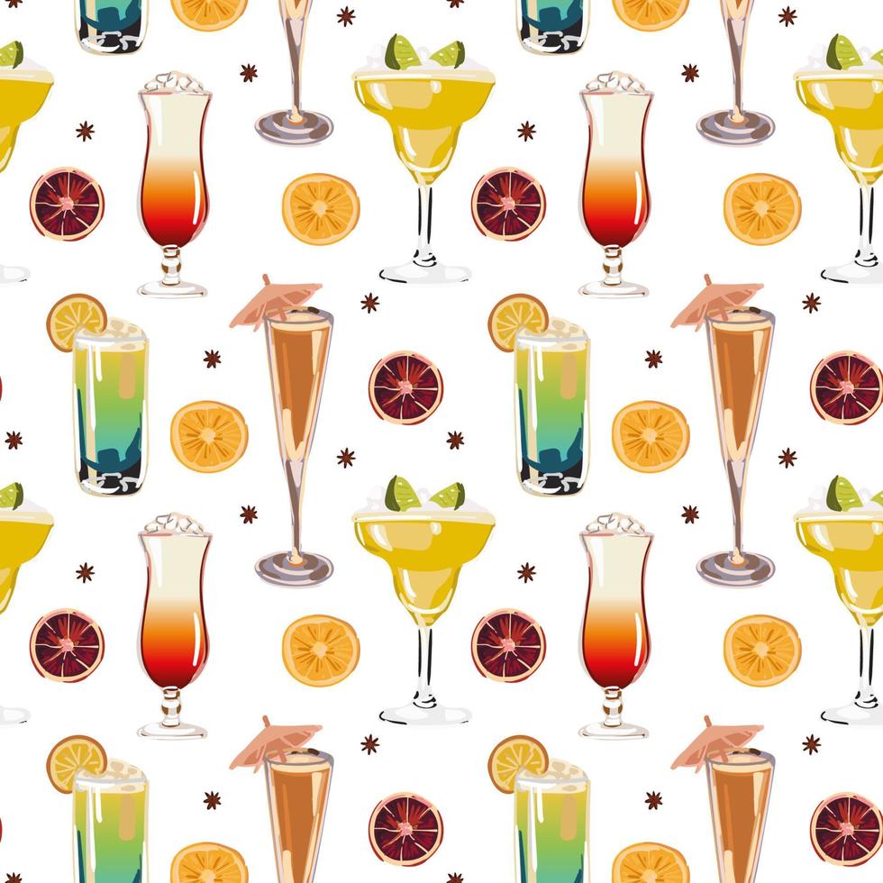 Seamless vector pattern with cocktails, mojito, margarita, martini and cosmopolitan on orange background. Wallpaper, fabric and textile design. Good for printing. Cute wrapping paper pattern.