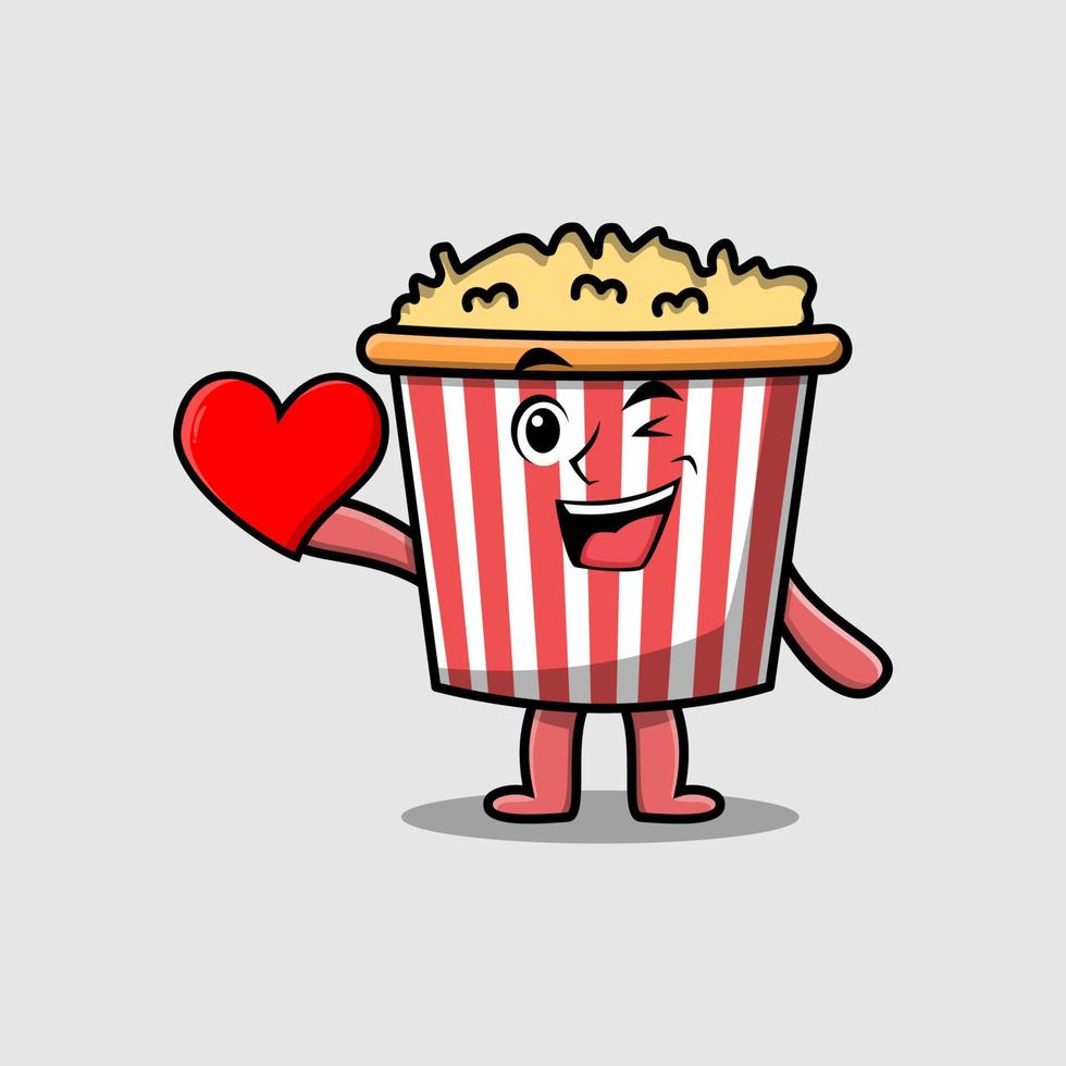 cartoon Popcorn character holding big red heart vector