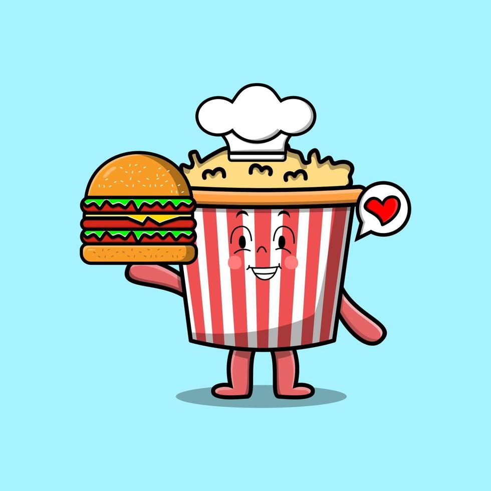 personaje de chef de palomitas de maíz de dibujos animados lindo con hamburguesa vector