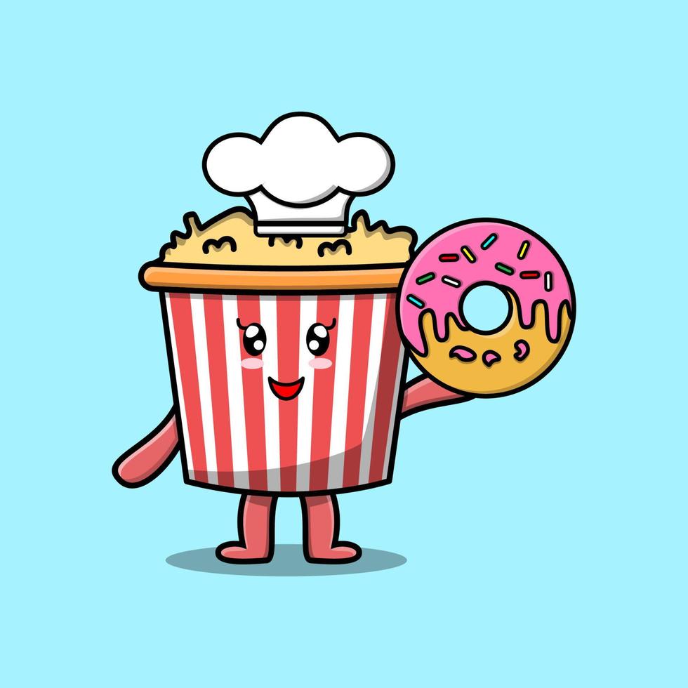 donut de personaje de chef de palomitas de maíz de dibujos animados lindo vector