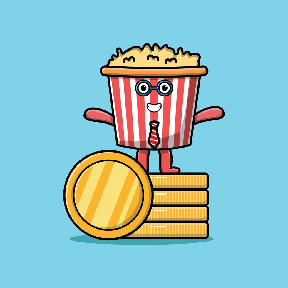 Cute cartoon popcorn standing in stacked gold coin vector