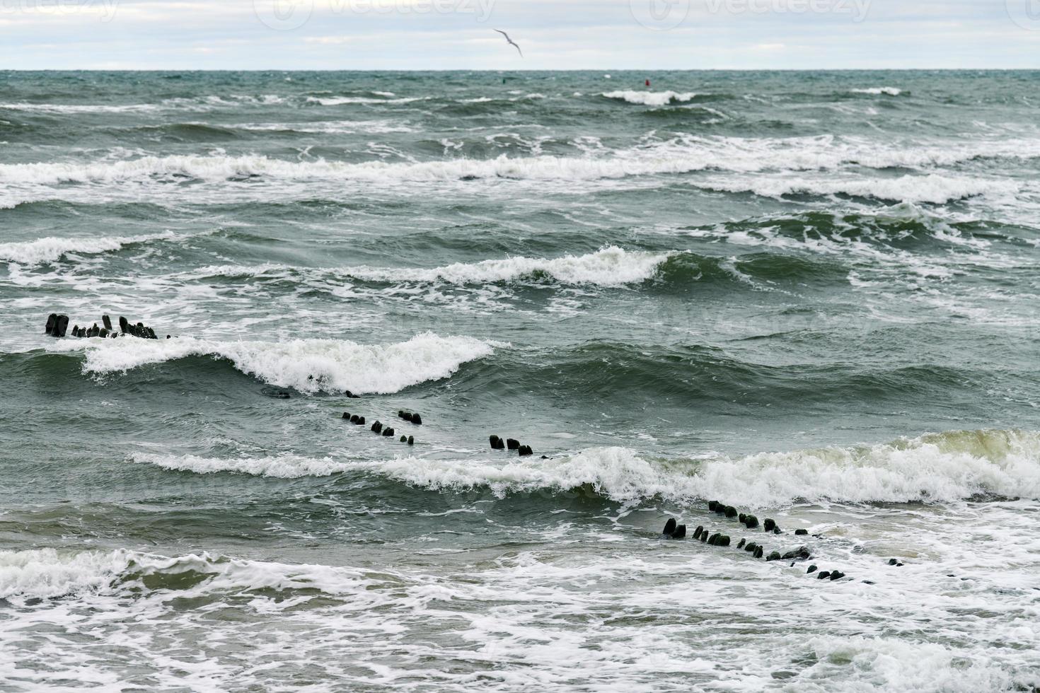 View of blue sea with foaming waves and wooden breakwaters photo