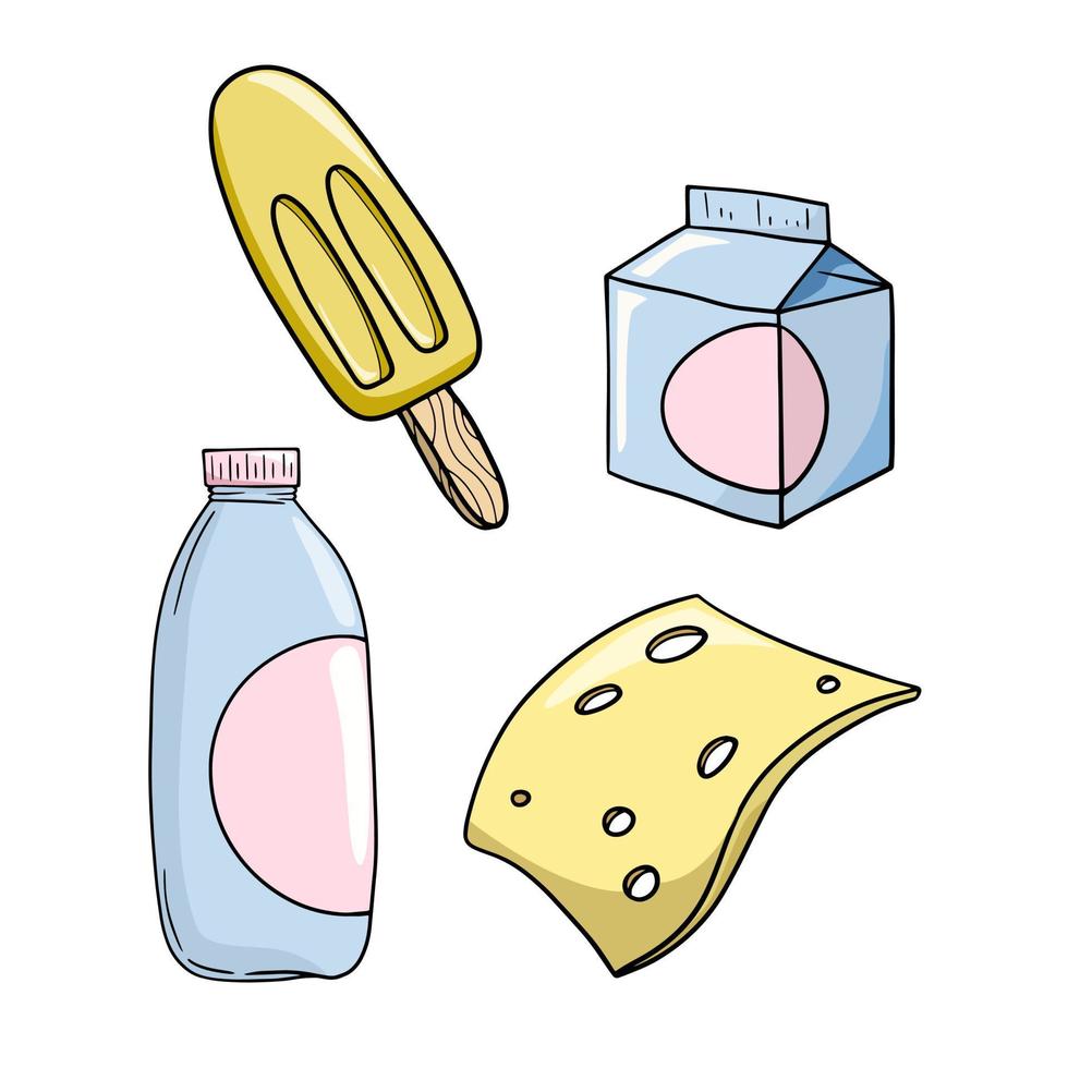 un conjunto de iconos de colores, productos lácteos, un trozo de queso, helado de leche y paquetes de leche, ilustración vectorial en estilo de dibujos animados sobre un fondo blanco vector