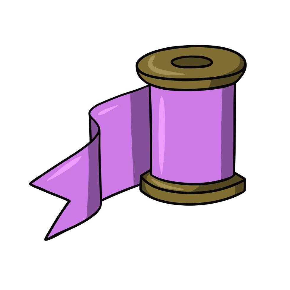 Bright lilac silk ribbon wound on a spool, vector illustration in cartoon style on a white background