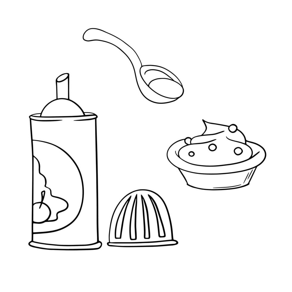 conjunto de iconos monocromáticos, delicioso postre con crema batida, ilustración vectorial en estilo de dibujos animados sobre un fondo blanco vector