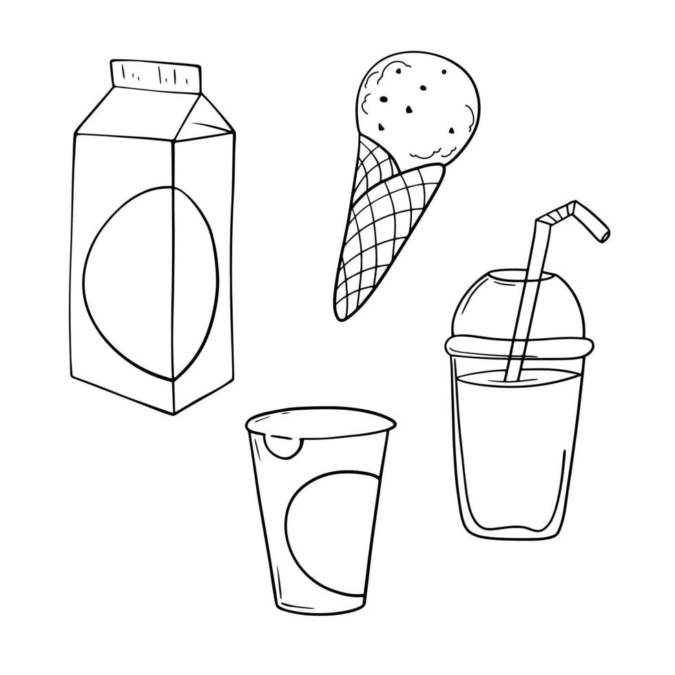 Monochrome icon set, dessert with fruit sweet yogurt, ice cream, milkshake, vector illustration in cartoon style on a white background