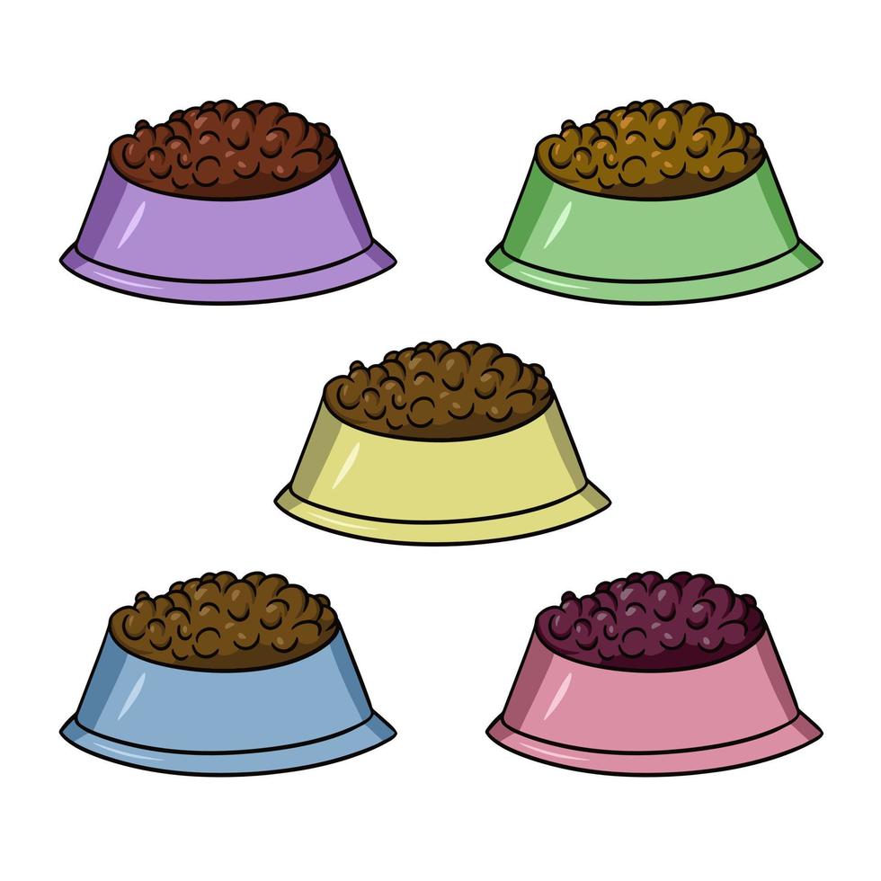 A set of colored icons, a bowl for dog food, cat food, vector illustration in cartoon style on a white background