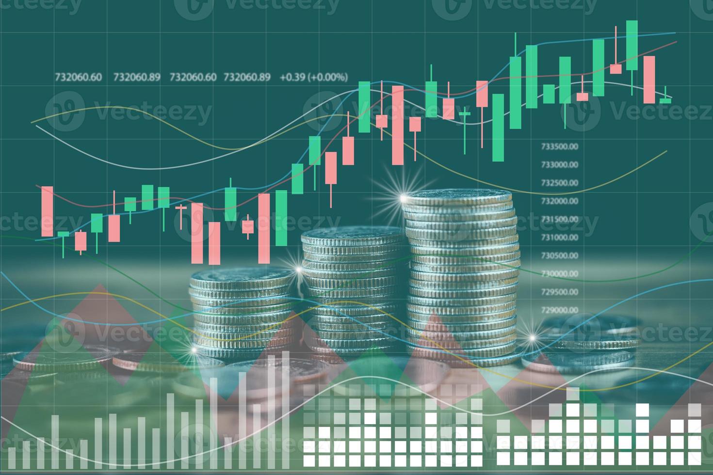 Financial stock market graph and rows of coins concept rows of coins lined up There is a graph showing growth and savings to plan for independent spending photo