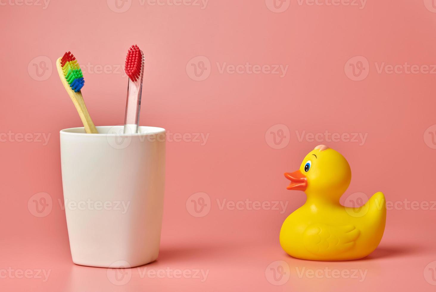 Two toothbrush and duck toy, copy space. Personal care tool for protect oral cavity, remove plaque and tartar. photo