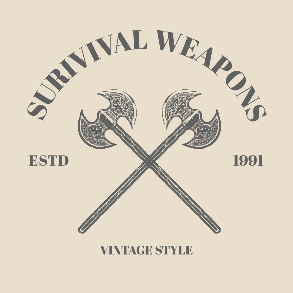 Crossed knife drakkar, axe, sword, thor amulet with runes. Vintage Retro vector style. illustration isolated on cream background. Hand drawn design element for poster, tattoo template design