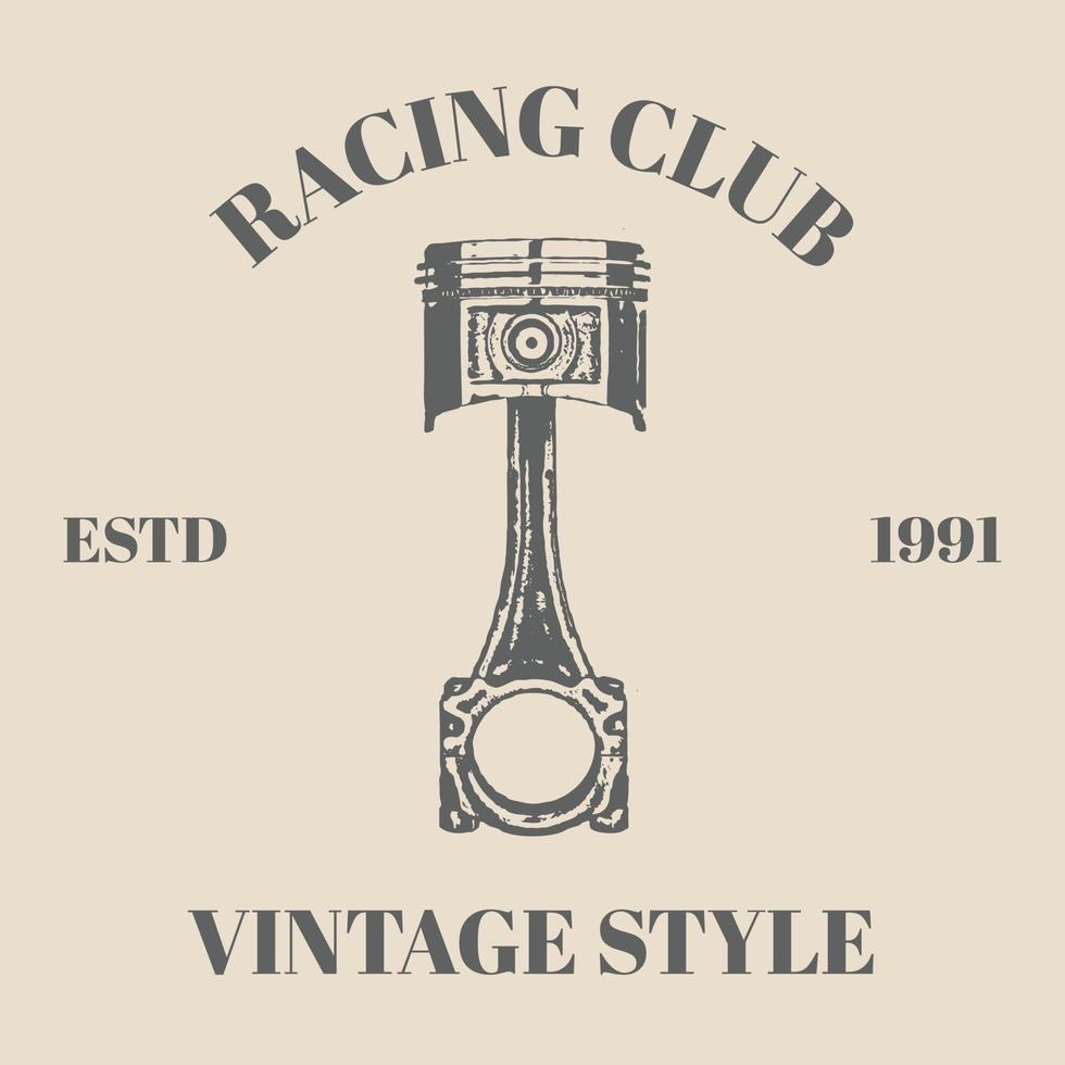 Logo piston hand drawn illustration with retro vintage style of motorcycle repair service label with inscriptions and crossed pistons isolated vector illustration template design