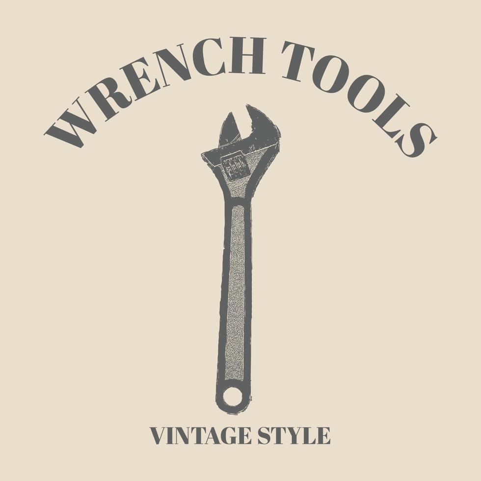 logo tools vector wrench hand drawn with retro vintage style. Spanner logo design element. Key tool isolated on cream background template design