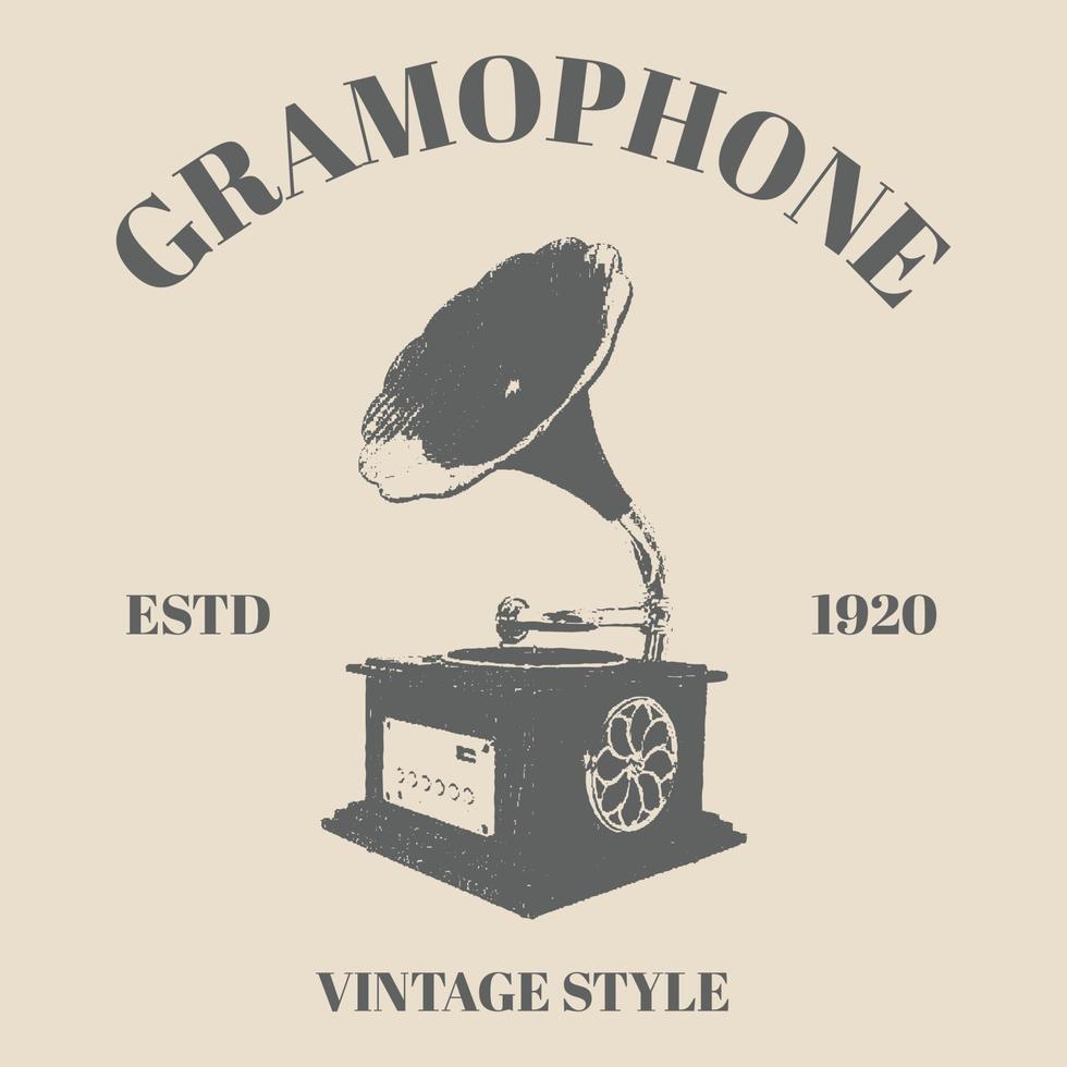 logo música gramófono vector logo plantilla de diseño. disco de música o vinilo, diseño de nostalgia. viejo gramófono. estilo de grabado de dibujo a mano. gramófono retro vintage aislado. diseño de plantilla