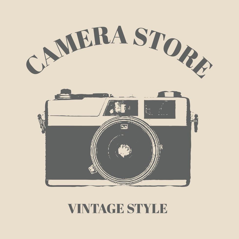 cámara de fotos retro con logotipo. elementos de diseño para publicidad relacionada con la fotografía, estampados de camisetas, etiquetas, insignias, carteles. signos para el logo del fotógrafo. dibujado a mano vector vintage retro ilustración