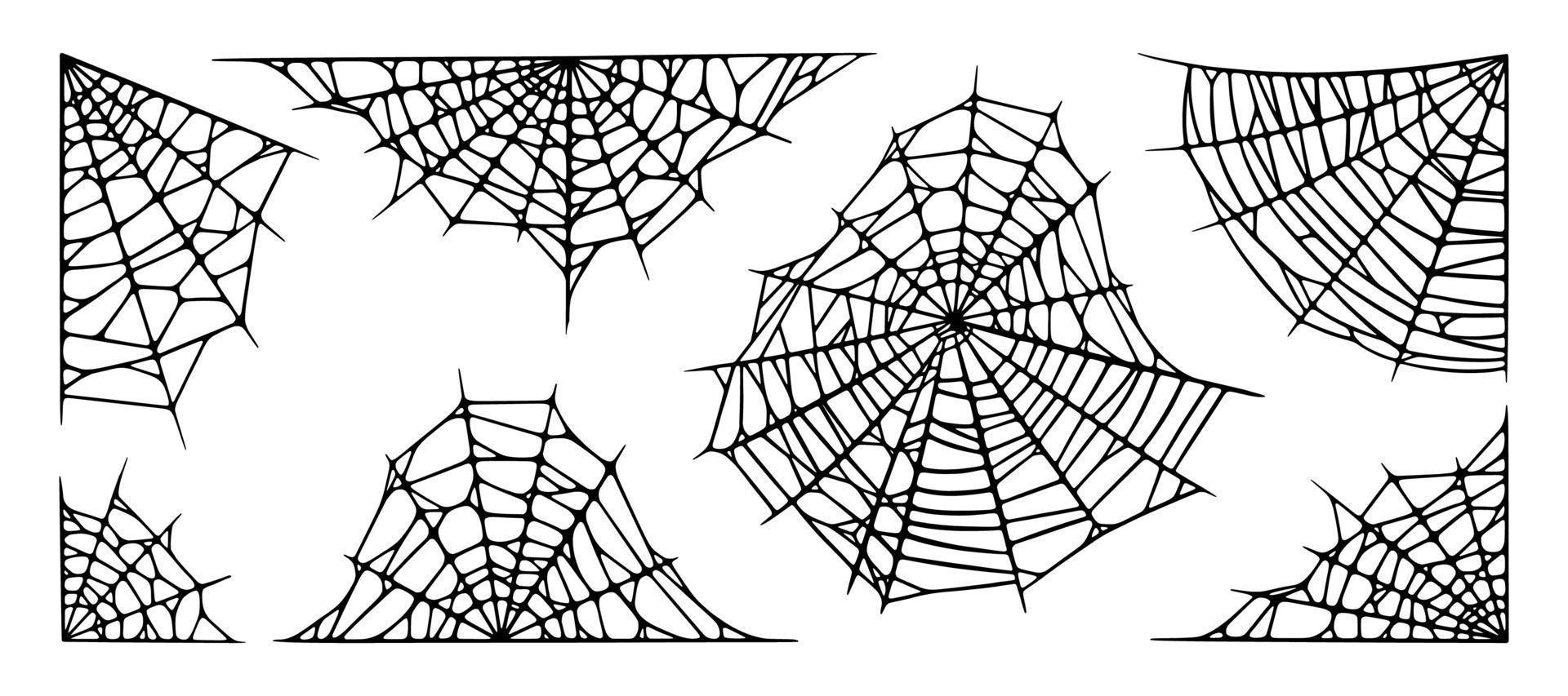 Spider web set isolated on white background. Outline Halloween cobwebs. Vector illustration