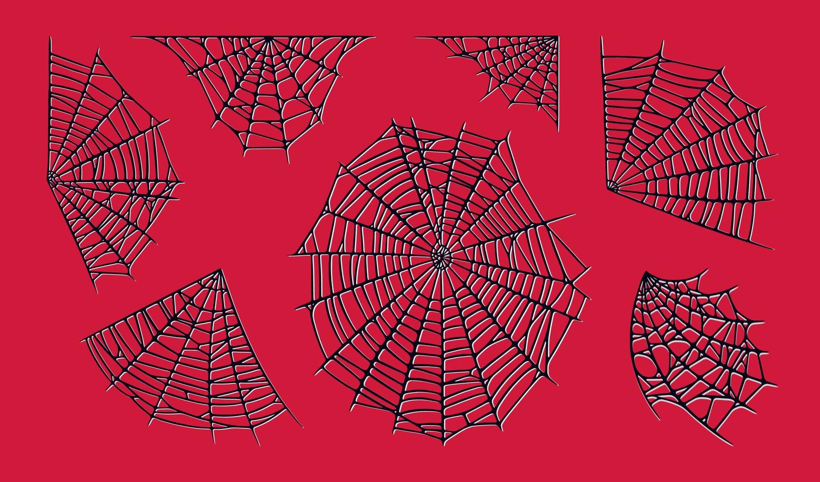 conjunto de telaraña aislado sobre fondo rojo. espeluznantes telarañas rojas de halloween. ilustración vectorial vector