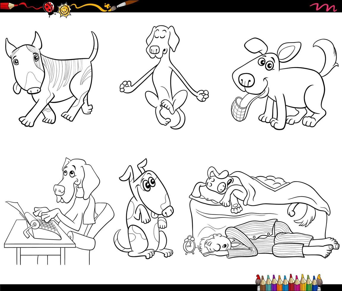 dibujos animados perros animales personajes conjunto página para colorear vector