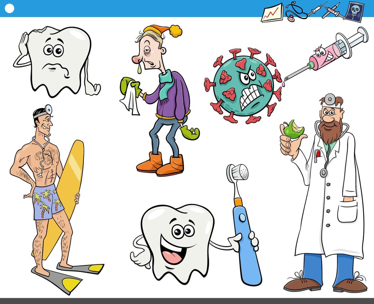 cartoon health and medical topics and characters set vector