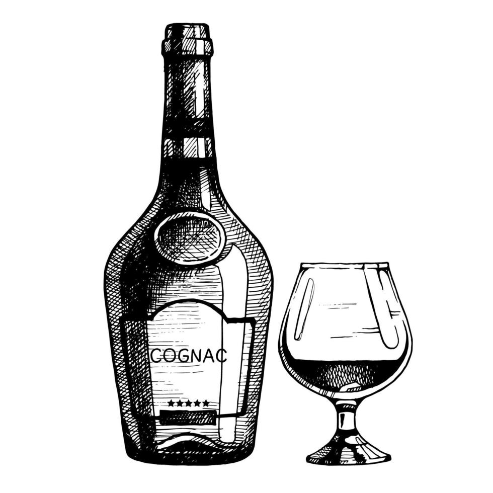 botella de coñac dibujada a mano con un vaso. ilustración vectorial, boceto de tinta vector