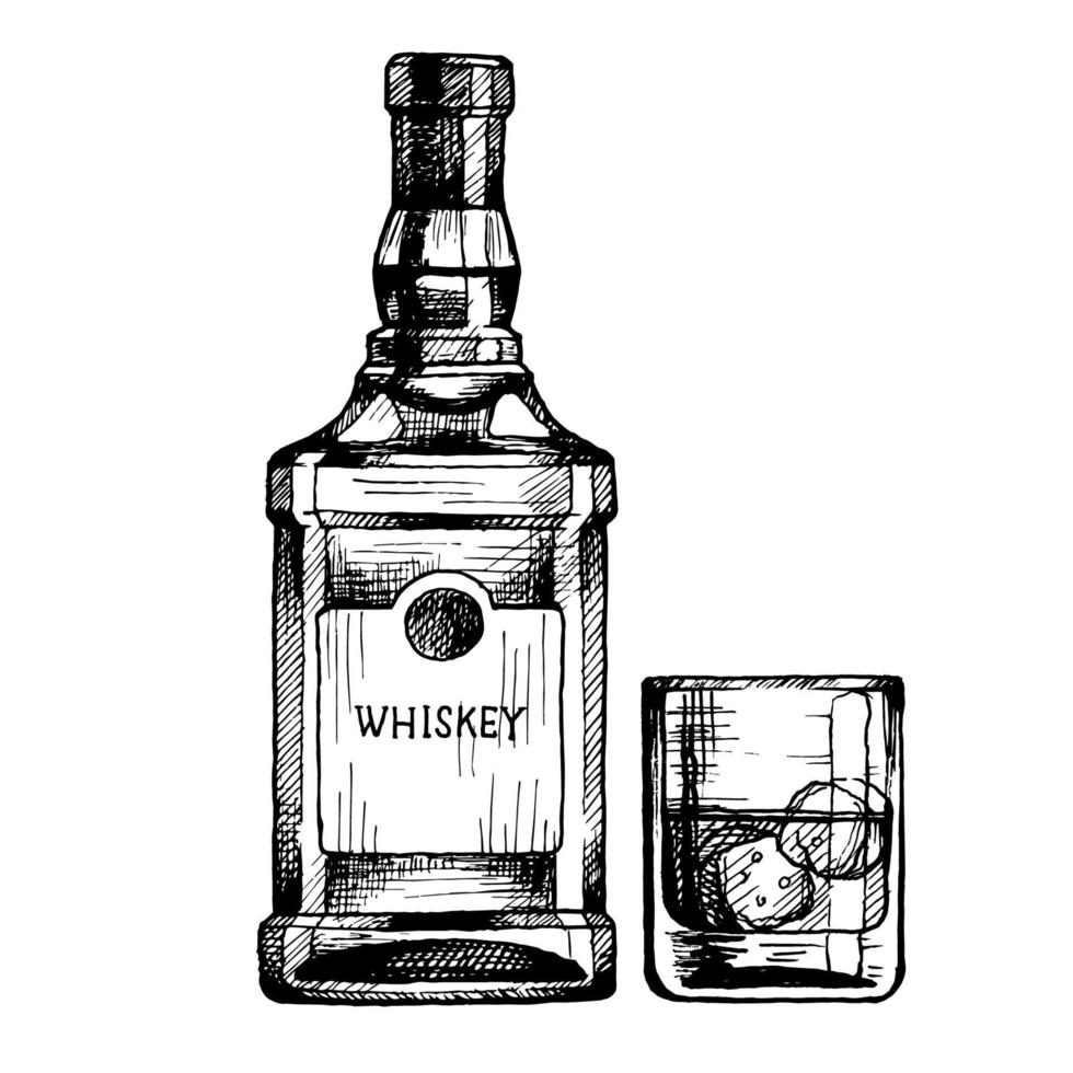 botella dibujada a mano de whisky escocés con un vaso. ilustración de bebidas vectoriales, boceto de tinta vector