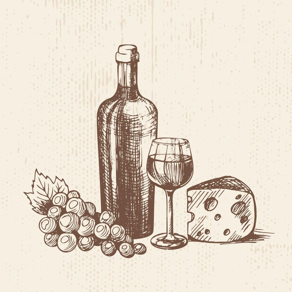 Hand drawn bottle of wine with a glass, bunch of grapes and piece of cheese. Vector sketch, organic food illustration