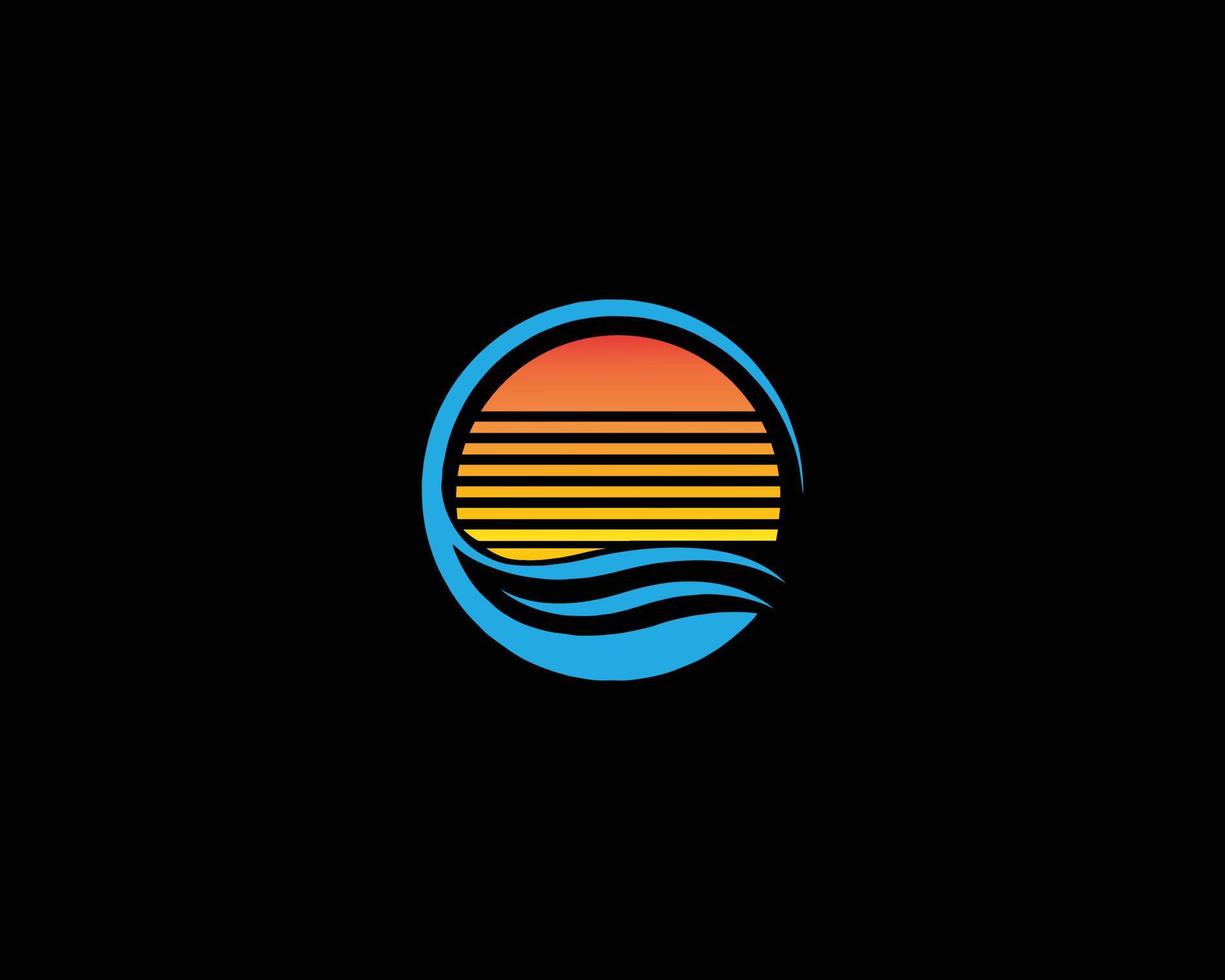 Abstract Vintage Circular Sun and Sea Wave Logo Design Flat Vector Element.