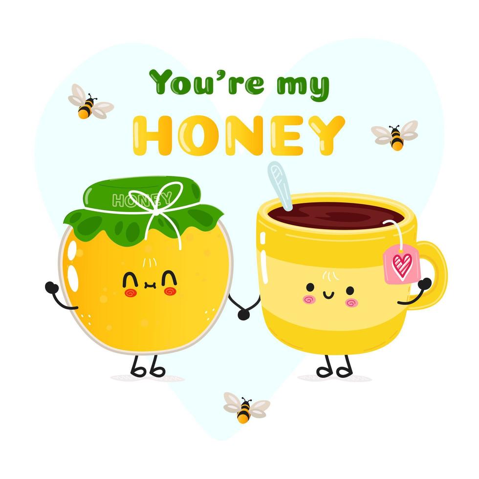 Cute happy cup of tea and honey card. Vector hand drawn doodle style cartoon character illustration icon design. Happy cup of tea and honey friends concept card