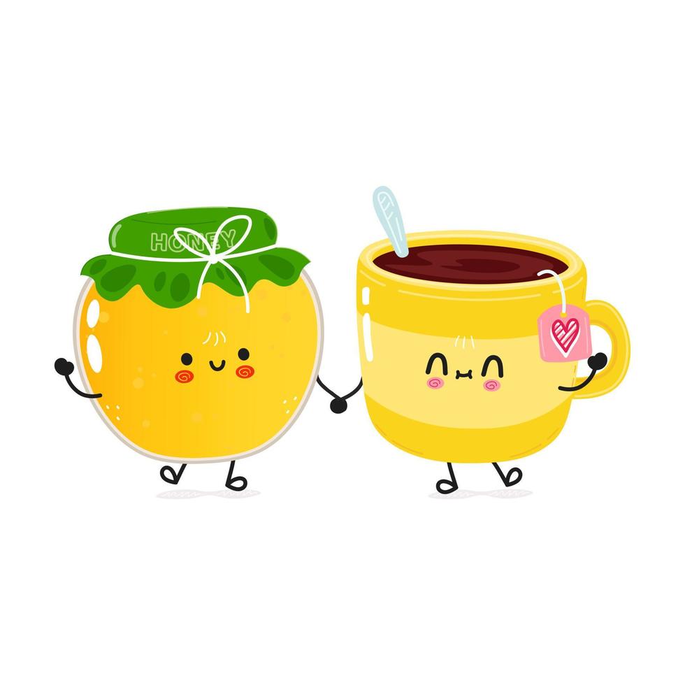 Cute happy cup of tea and honey card. Vector hand drawn doodle style cartoon character illustration icon design. Happy cup of tea and honey friends concept card