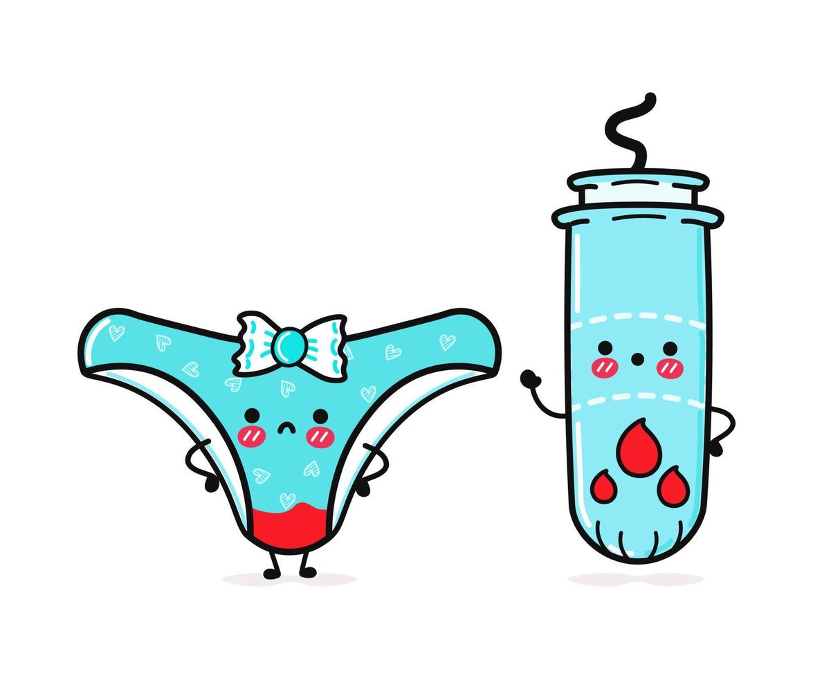 Lindas, divertidas y tristes bragas azules y tampones menstruales con sangre. personajes kawaii de dibujos animados dibujados a mano vectorial, icono de ilustración. divertidos dibujos animados tristes bragas azules y tampones amigos mascota menstrual vector