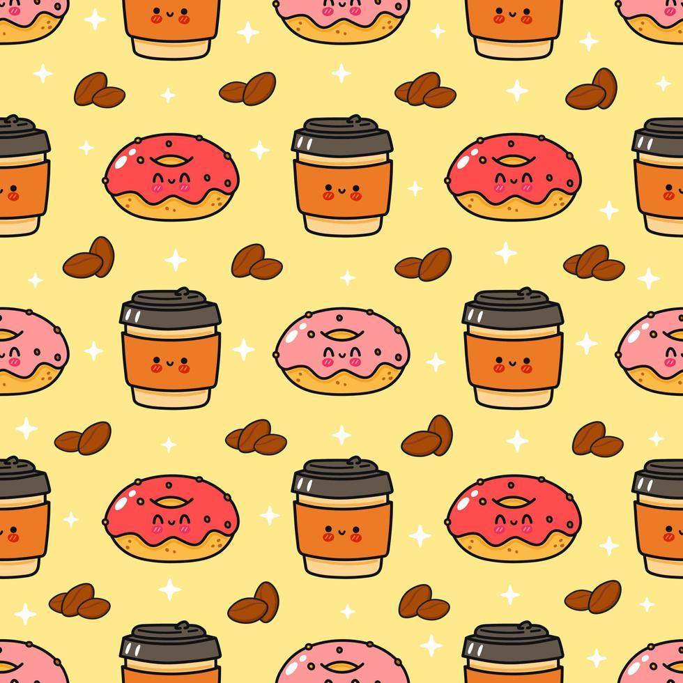 Pattern happy coffee and pink donut. Vector hand drawn doodle style cartoon character illustration icon design. Pattern coffee and pink donut friends concept