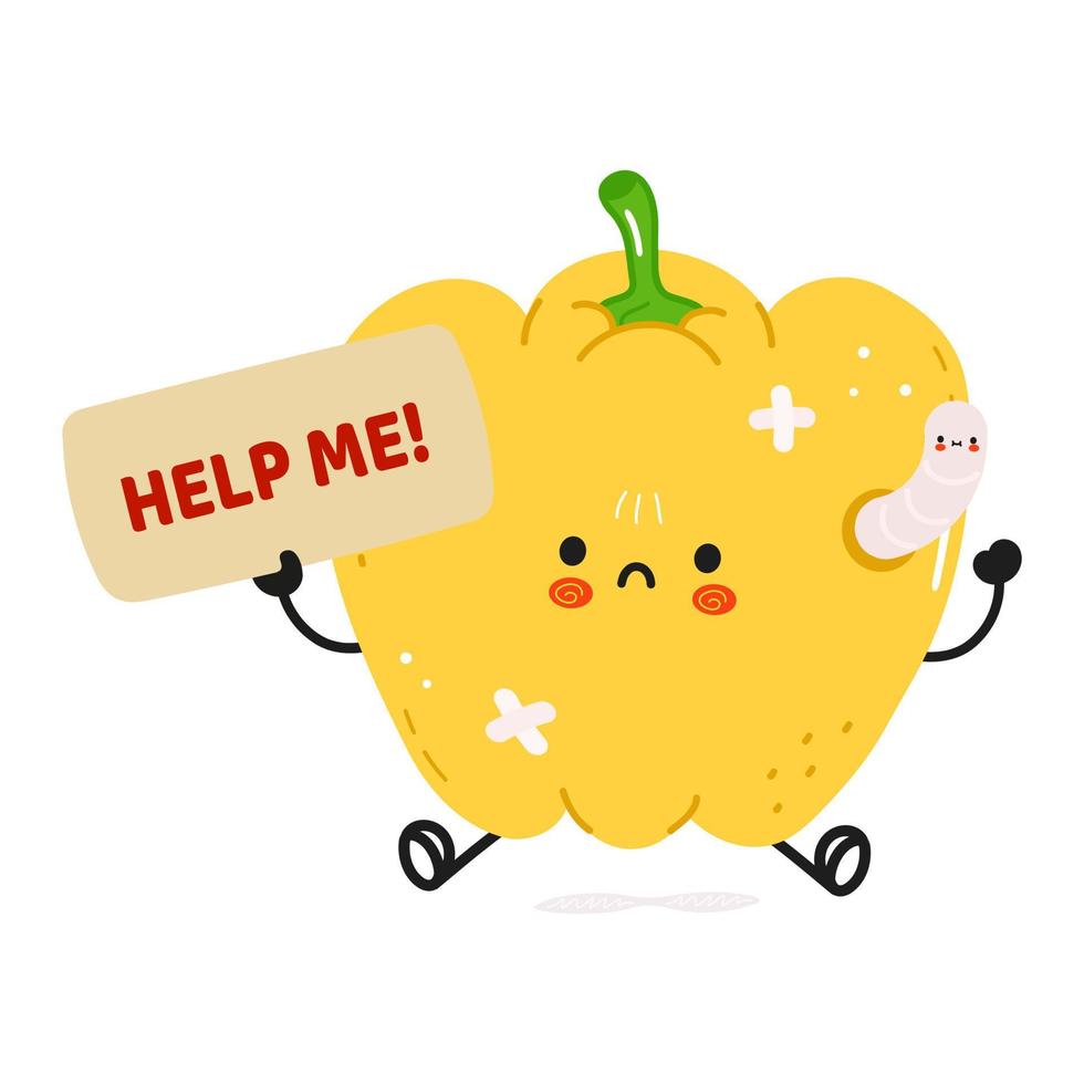 Cute sad sick pepper asks for help character. Vector hand drawn cartoon kawaii character illustration icon. Isolated on white background. Suffering unhealthy yellow pepper character concept